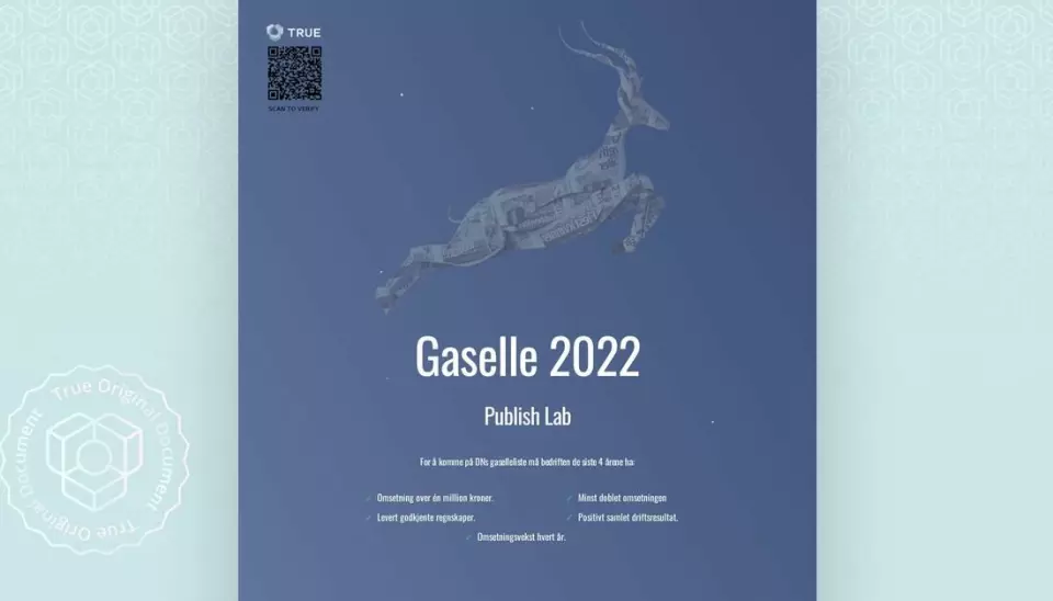 Dagens Næringsliv certificate of Gaselle 2022 to Labrador CMS (Publish Lab AS) for sustainable growth.