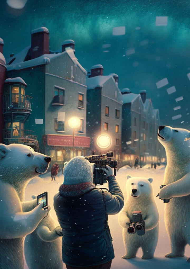Kommandoen på Midjourney var: A whimsical gathering of polar bears interacting with modern media gadgets like cameras, microphones, and smartphones, set against Tromsø's snowy backdrop, acting as reporters, realistic photo, visible Tromsø street background with houses widescreen format, huge northern lights on the sky