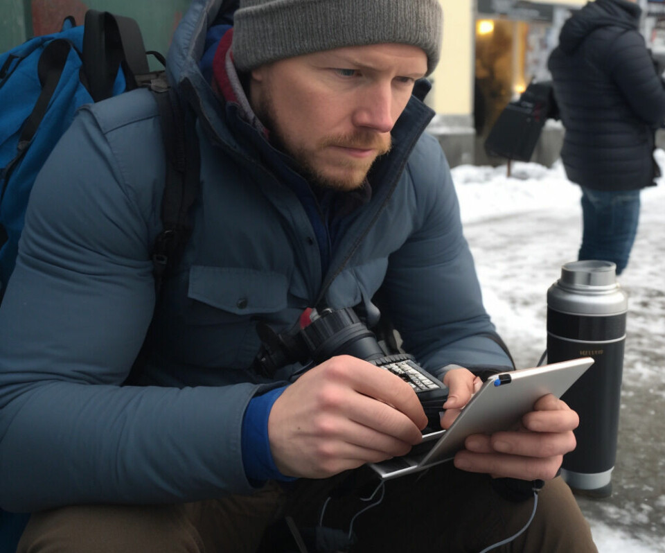 Dette er enn typisk lokalavisjournalist på jobb i Tromsø, ifølge Midjourney. Hva har han i thermosen? Og hvor mange fingre har han egentlig?