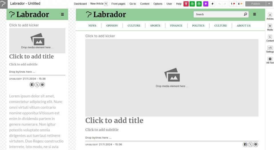 Desktop and Mobile Editor of a CMS made for magazines