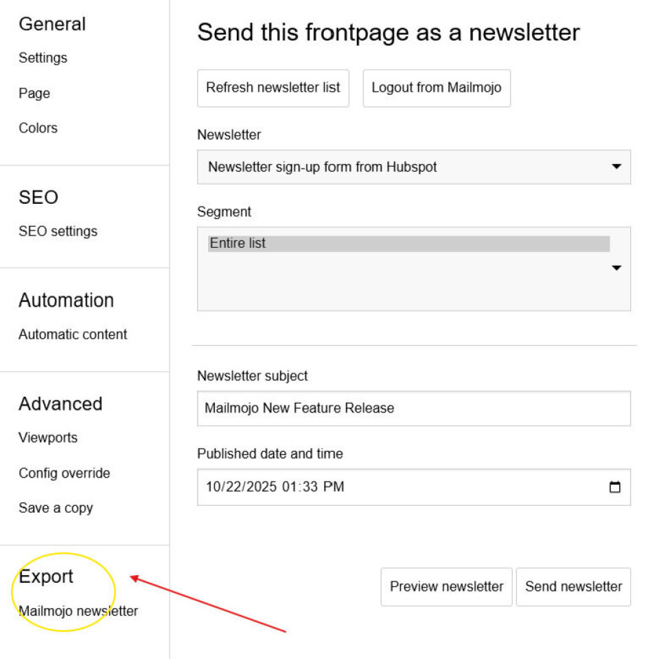 Mailmojo side in Labrador CMS